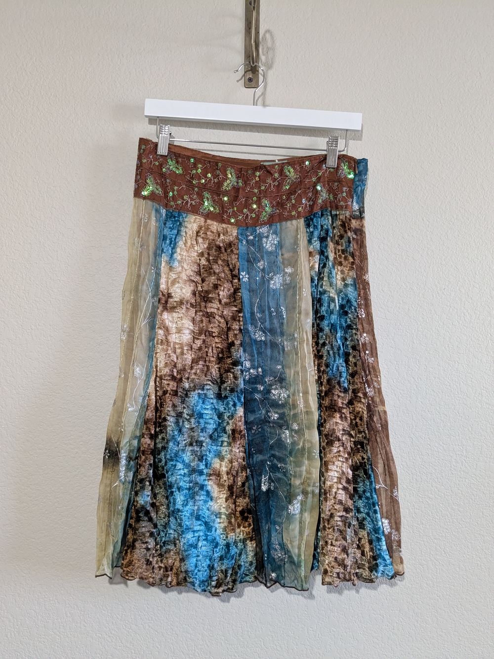 Vintage Floral Fade Patchwork Burnout Velvet Midi Skirt Embroidered Waistband L